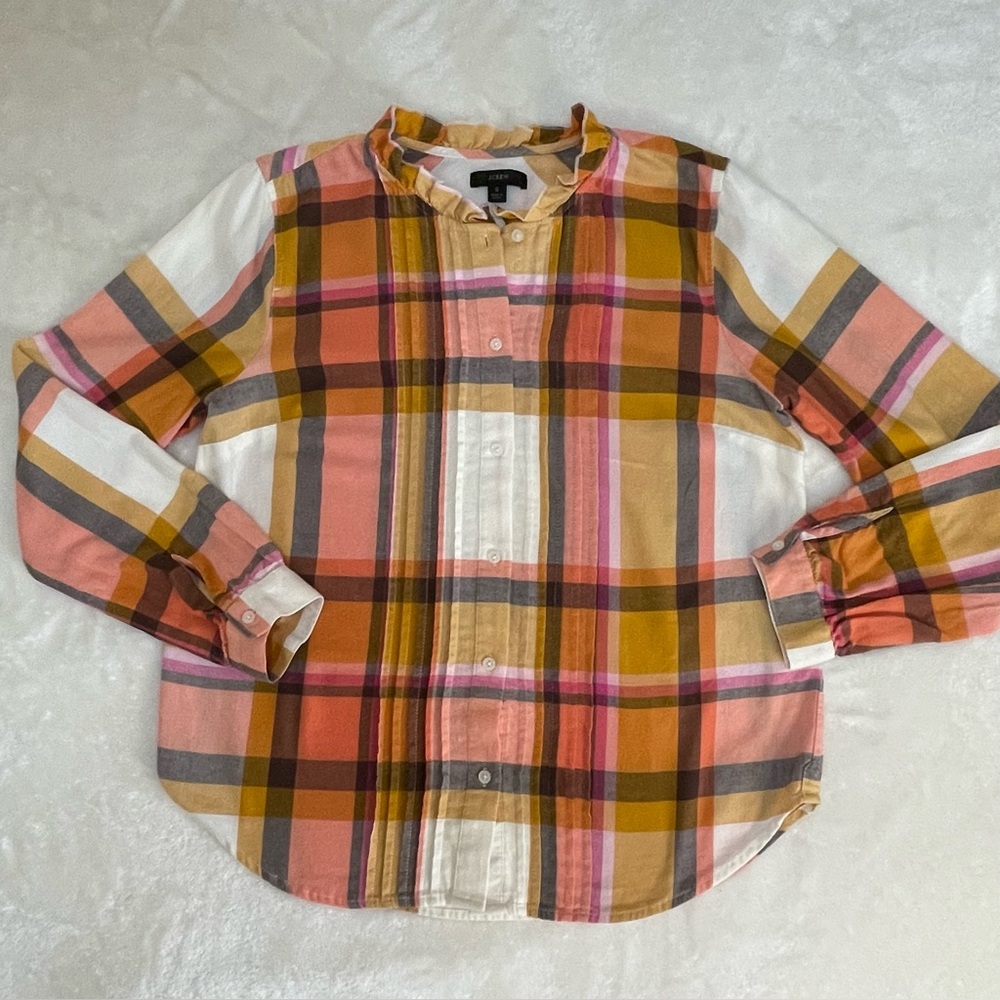J. Crew Plaid Long Sleeve Neck Ruffle Pin-tucked Button Down Blouse Women’s Sz M